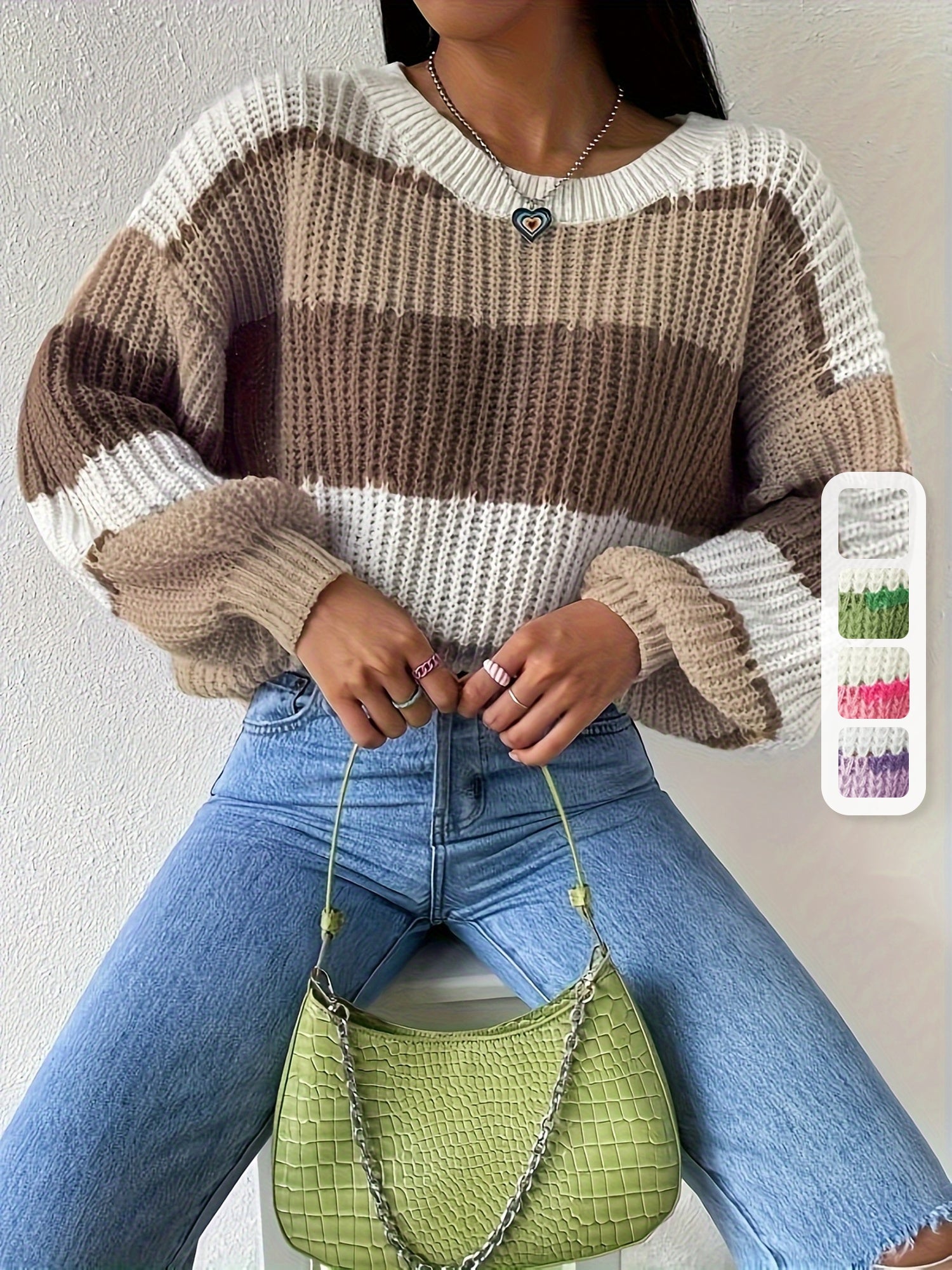 Elegant Color Block Knit Sweater – Women’s Long Sleeve Crew Neck Pullover, Soft Micro-Stretch Polyester, Stylish Patchwork Design for Fall & Winter